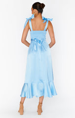 Garden Midi Dress ~ Baby Blue Luxe Satin