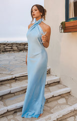 Jasmine Halter Maxi Dress ~ Baby Blue Luxe Satin