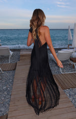 Jasmine Fringe Maxi ~ Black Luxe Satin